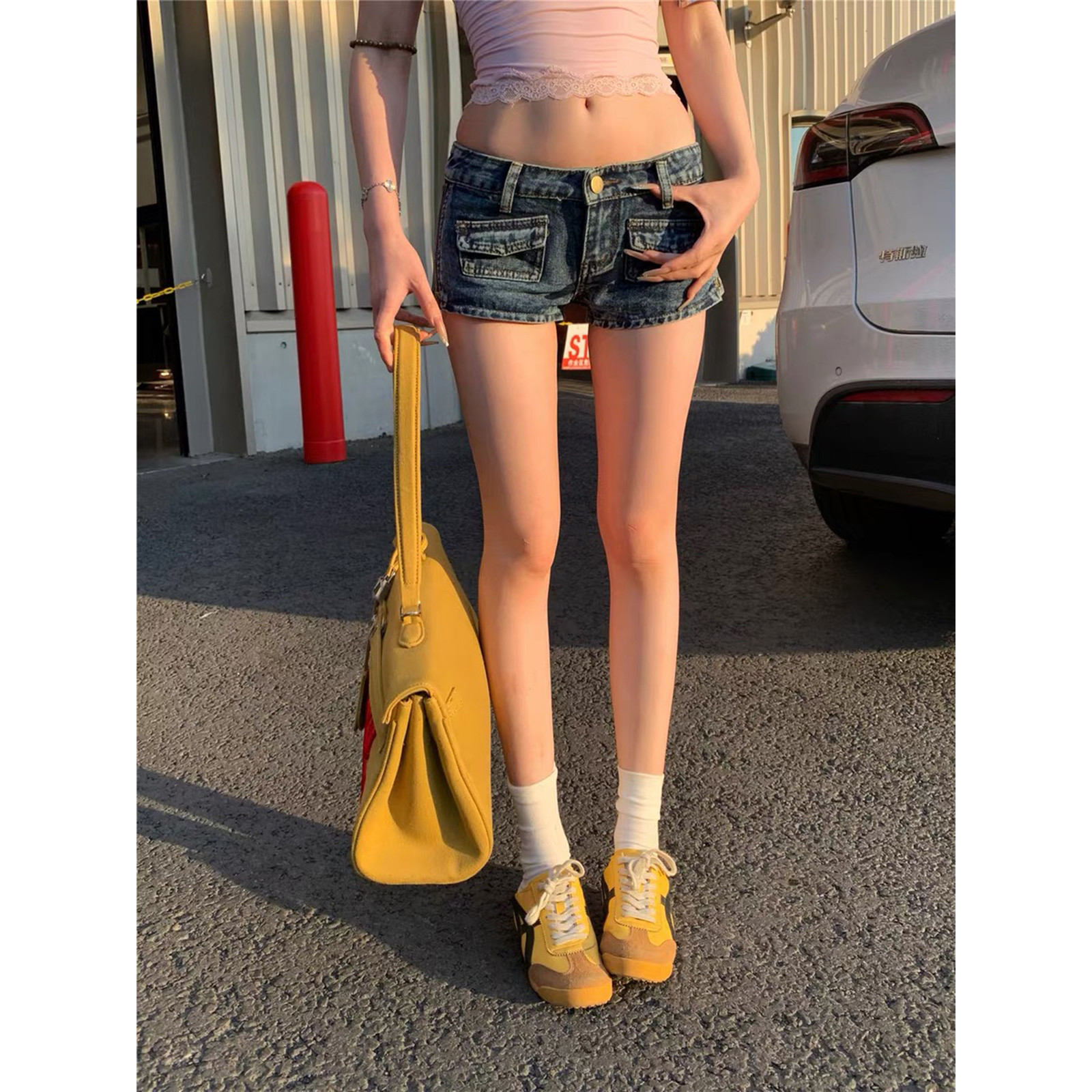 美式辣妹低腰侧边拉链设计牛仔超短裤夏季性感修身显腿长a字热裤
