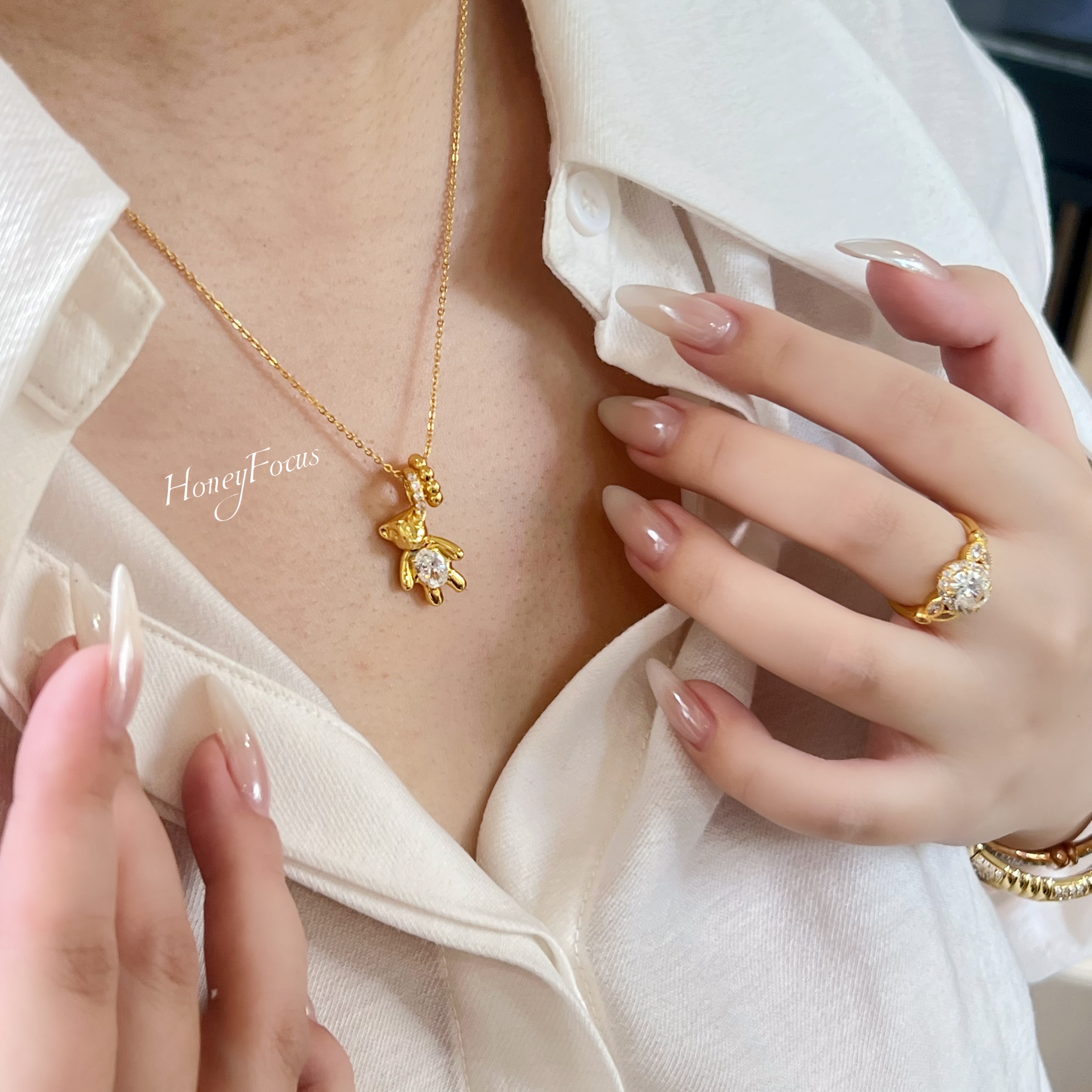 HONEY FOCUS小熊项链 镀K金 金色简约日常款时尚项链 925银锆石