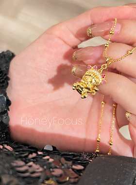 HONEY FOCUS蒙奇奇项链金色时尚百搭小众设计感项链925银合成锆石
