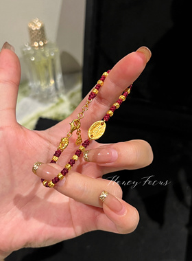 HONEY FOCUS碎银子红绳手链 中式红色简约手绳手链 925银布艺手链