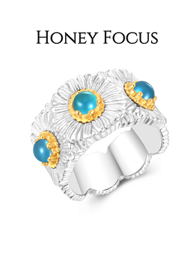 HONEY FOCUS雏菊戒指 蓝色手工复古镶嵌布布风戒指925银合成锆石