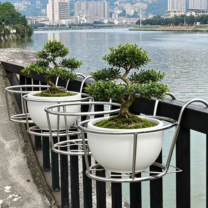 不锈钢花架阳台栏杆花盆架挂式圆形花盆创意装饰悬挂绿萝花园挂架