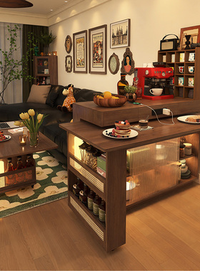 形影家具中古风旋转岛台餐桌一体可伸缩小户型实木餐边柜吧台桌子