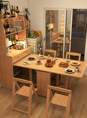 餐桌日式折叠餐边柜一体可伸缩带轮小户型靠墙原木色岛台家用桌子