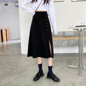 黑色侧开叉半身裙女垂感打底中长裙大码 设计感高腰遮胯过膝a字裙