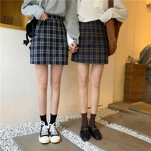 2021新款裙子韩版高腰A字半身裙女夏格子学生学院风百搭短裙春秋