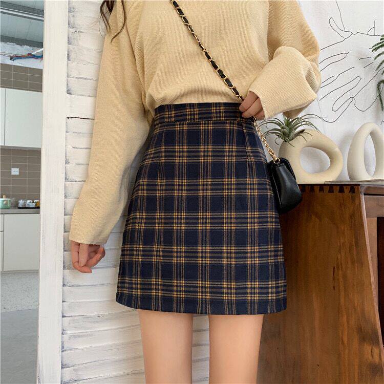 复古格子半身裙春秋女2021新款显瘦百搭a字短裙学生高腰包臀裙子