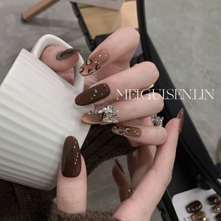 美甲 秋冬高级感法式 玫瑰森林香橙美式 复古深棕手作穿戴甲中长款