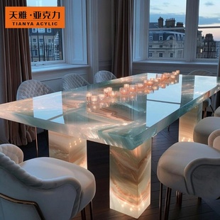 发光玉石餐桌天然奢石长方形粉色岛台白玉轻奢高级感大理石饭桌