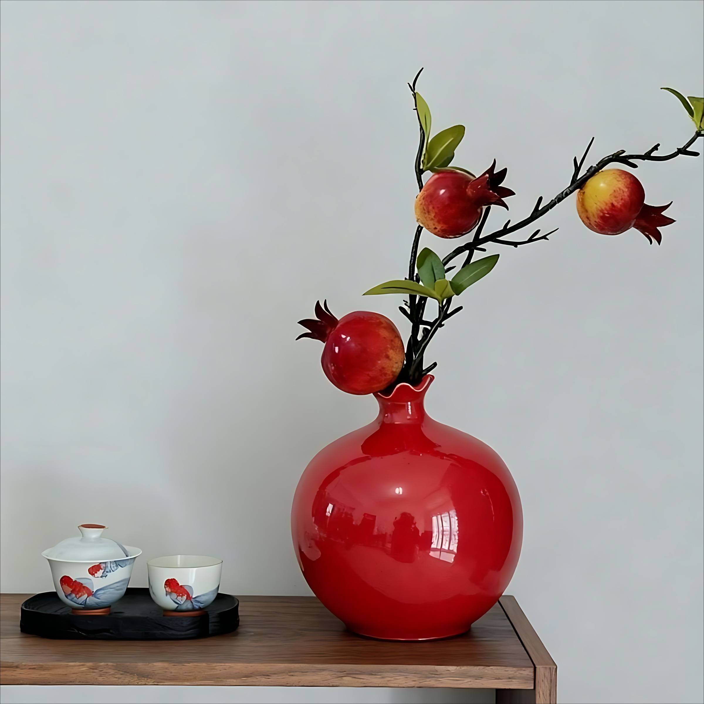 仿真石榴花陶瓷花瓶摆件柿子插花