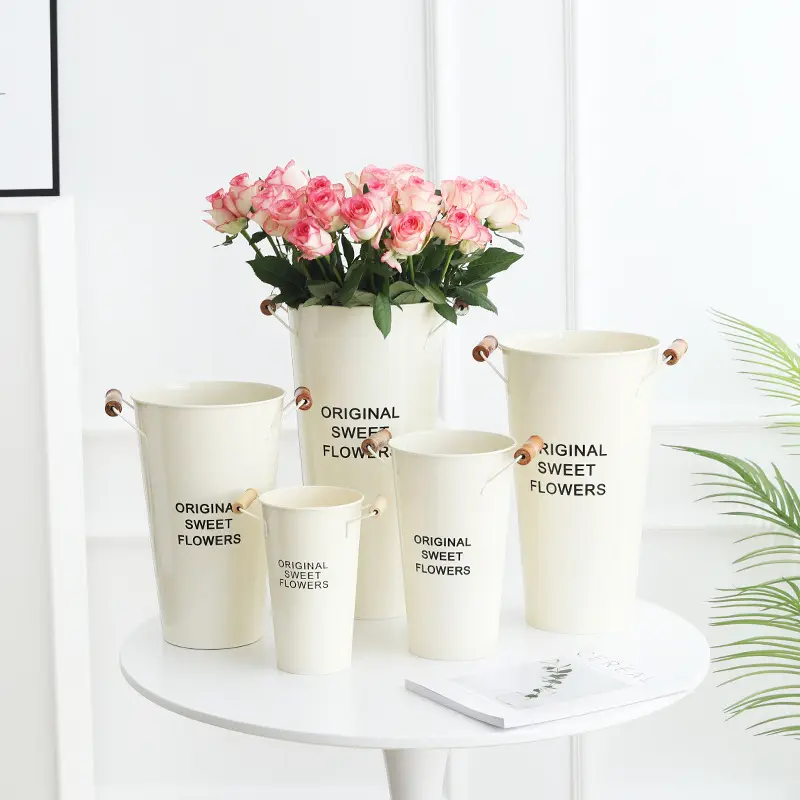 醒花桶落地桶輕奢米色木把提手