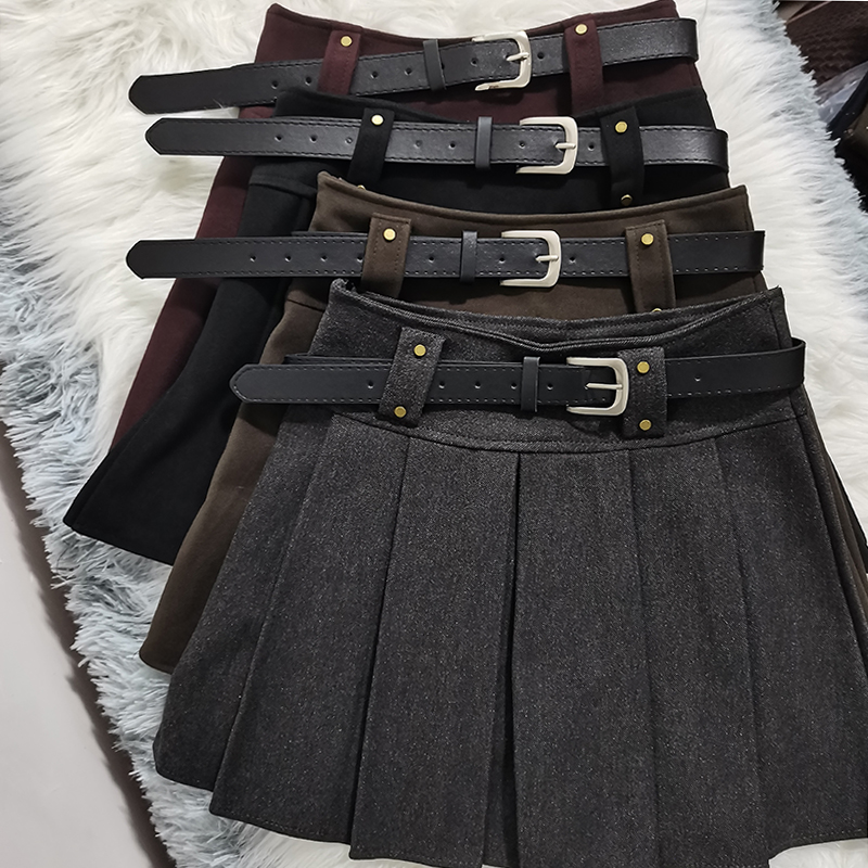 灰色毛呢料百褶裙女2025新款秋冬季显瘦半身裙棕咖黑红加厚短裙子