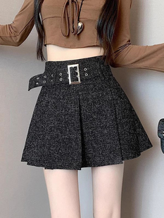 黑色半身裙女新款秋冬季安全裤子裙子甜美小个子配皮带百褶裙短裙