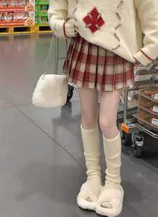 格子毛呢半身短裙秋冬新款搭配富家千金过年圣诞节女红色百褶裙子