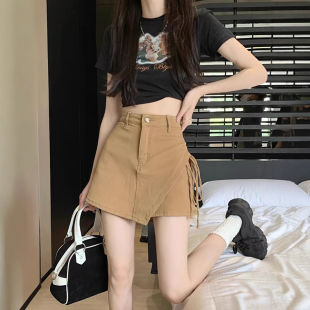 卡其休闲短裙子女款 2024新款 夏季 设计感不规则抽绳黑牛仔半身裙裤