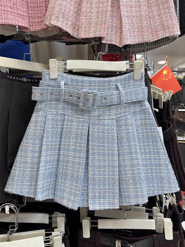 蓝色小香风半身裙女秋冬新款小清新高腰配腰带A字加厚百褶短裙子