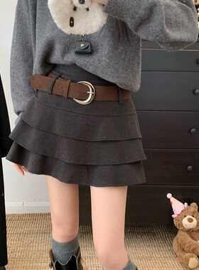 灰色毛呢小个子半身裙女高腰显瘦a字荷叶边秋冬新款加厚蛋糕短裙