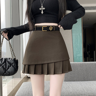 加厚毛呢半身裙女新款秋冬高级百褶a字配腰带小众保暖不规则短裙