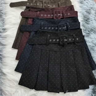 波点毛呢短裙2026秋冬新款半身裙半身裙蓝咖黑红色A字百褶裙子女