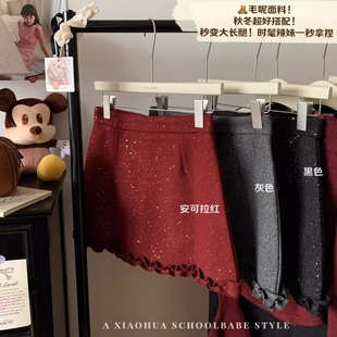 灰红色毛呢半身裙女木耳边拼接a字冬新款高腰显瘦加厚细闪短裙子