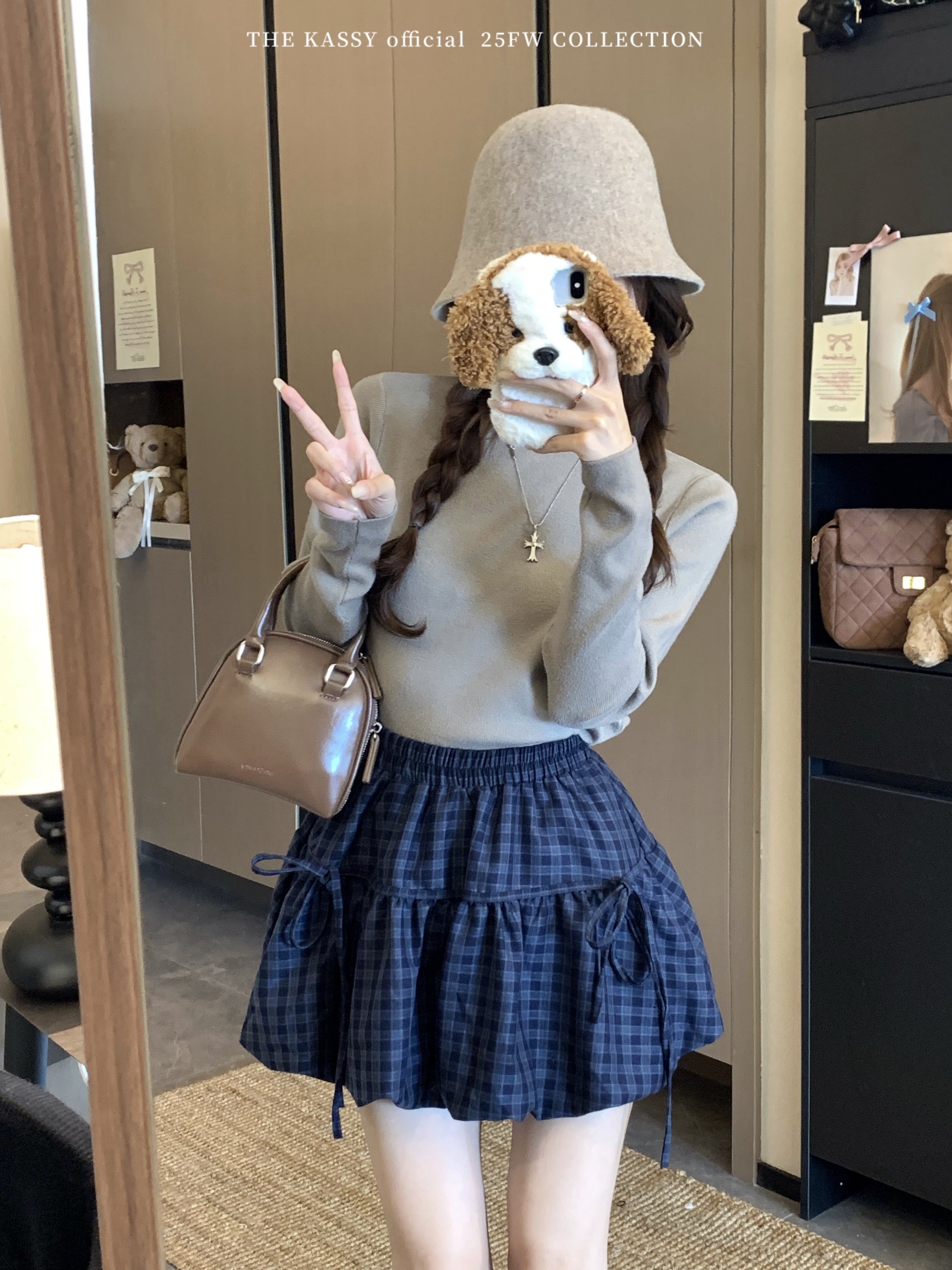 2026新款秋冬藏蓝色格子花苞女a字半身裙蝴蝶结绑带加厚磨毛短裙,女装/女士精品,半身裙,淘宝优惠券,粉丝福利购,淘宝优惠卷