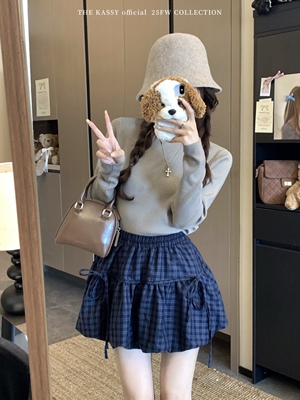 2025新款秋冬藏蓝色格子花苞女a字半身裙蝴蝶结绑带加厚磨毛短裙