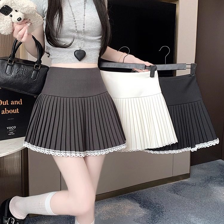 灰色日系百褶裙2026新款夏季温柔花边蕾丝拼接半身裙高腰A字短裙,女装/女士精品,半身裙,淘宝优惠券,粉丝福利购,淘宝优惠卷
