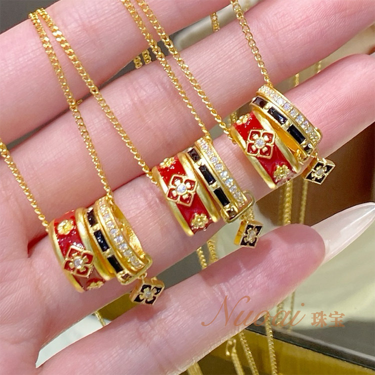 时尚款足金999黄金点钻莫桑钻烤漆万相红色项链吊坠套链礼物