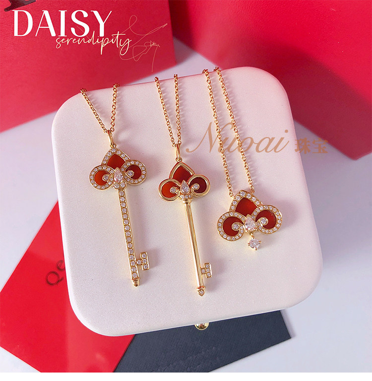 新品18K金AU750玫瑰金红玛瑙南非真钻石钥匙项链吊坠套链生日礼物