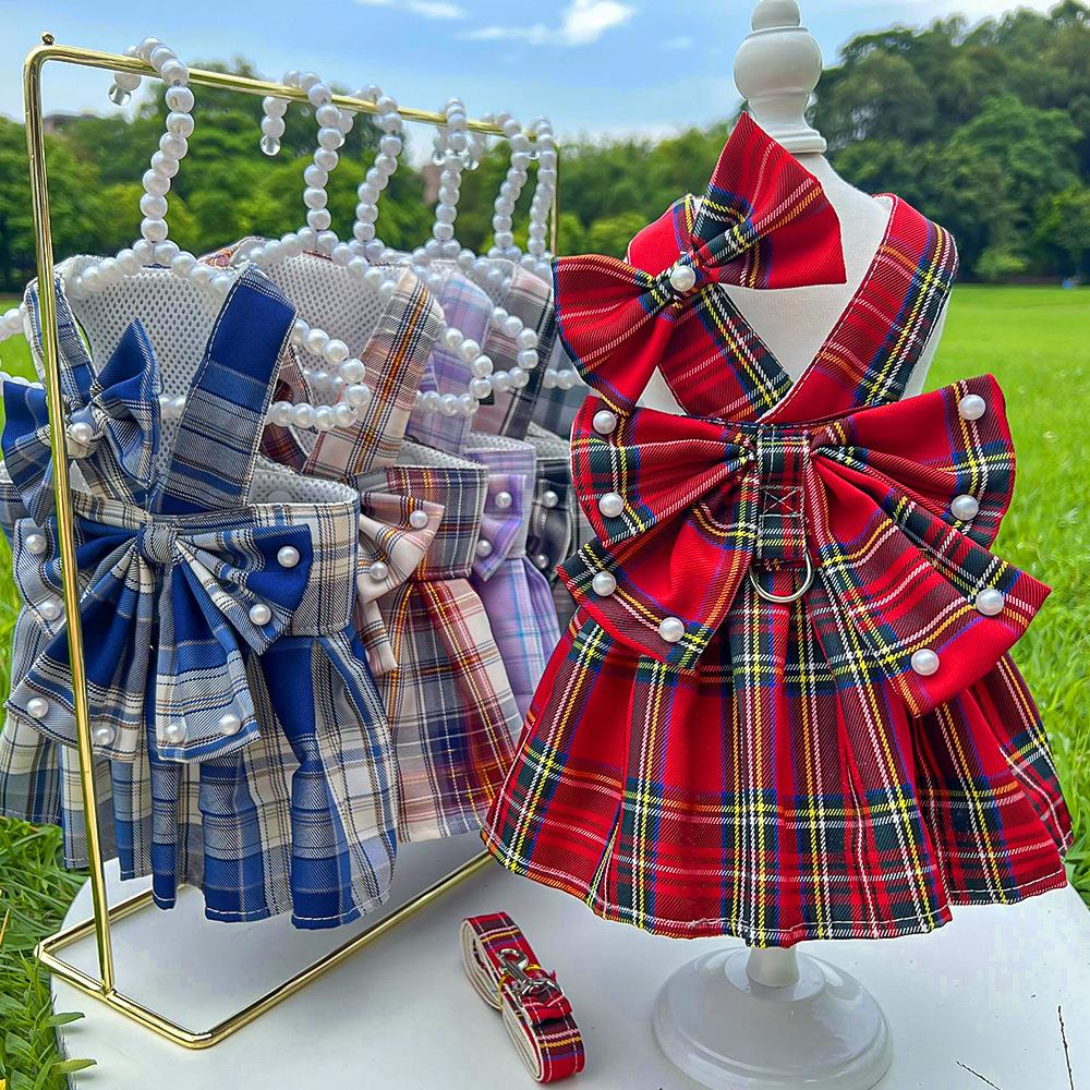 宠物jk格子狗连衣裙子牵引绳用品猫衣服狗狗猫咪泰迪比熊柯基
