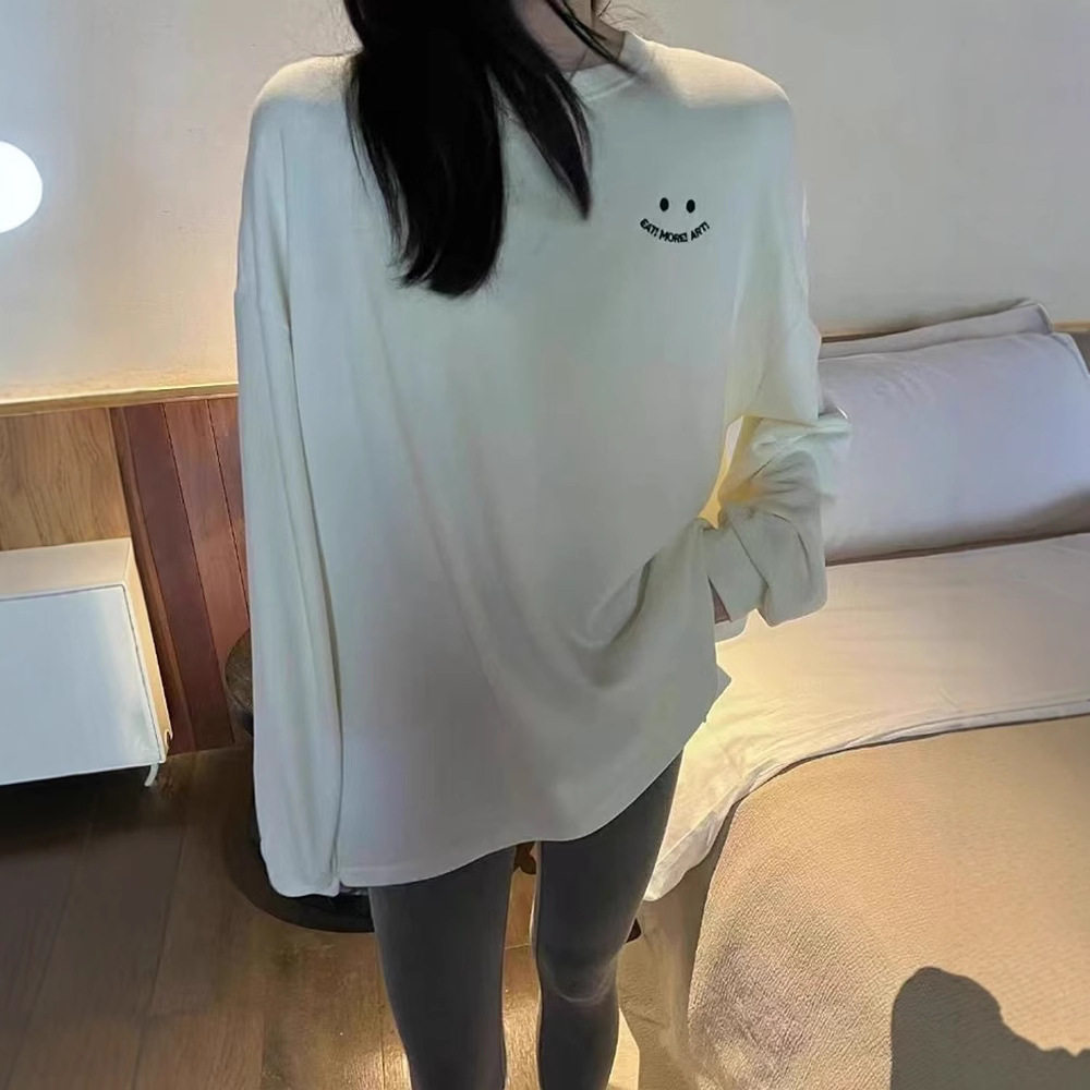 侧开衩设计宽松圆领长袖笑脸字母刺绣打底衫欧洲站中长款休闲T恤