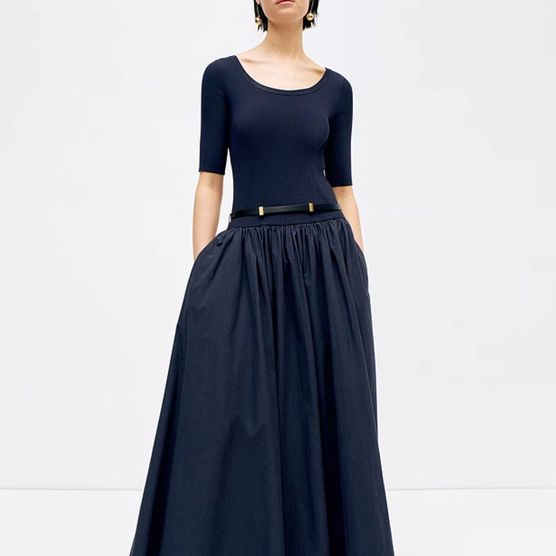 ed家夏季新款修身连衣裙女时尚通勤针织拼接法式气质伞裙长裙女