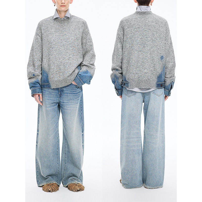 现货 2025秋冬新款设计感针织衫牛仔刺针拼接植绒套头长袖上衣女