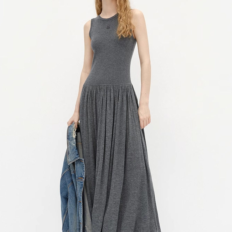 2025夏季新款高比例细支绵羊毛低腰针织长裙长款背心无袖连衣裙女