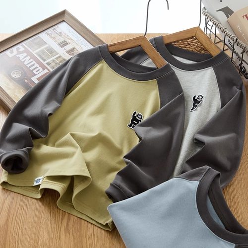 男童纯棉T恤2025春季新款中大童洋气插肩长袖打底衫男孩休闲上衣