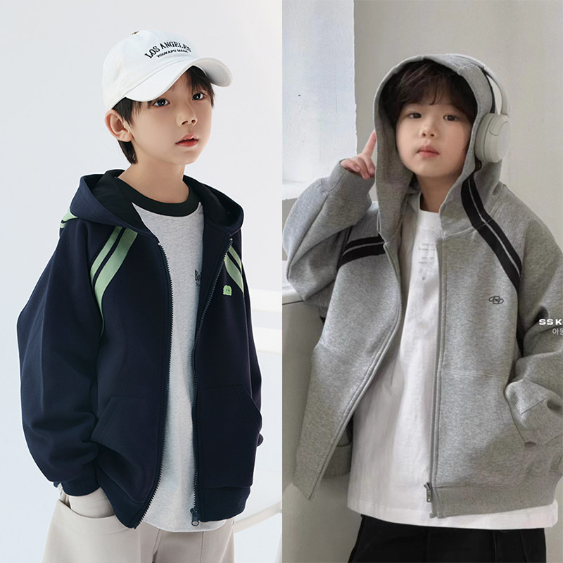 男童外套春款2026新款中大童韩版儿童休闲拉链衫男孩春秋宽松帽衫