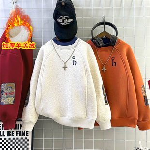 儿童加绒卫衣2025冬季新款中大童潮一体绒半高领打底男童加厚上衣