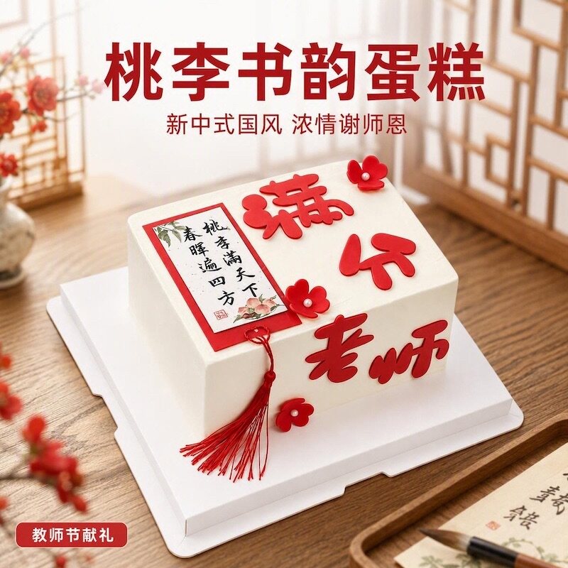 【桃李书韵】CC CAKE新中式教师节方形流苏感恩祝福蛋糕北京地区
