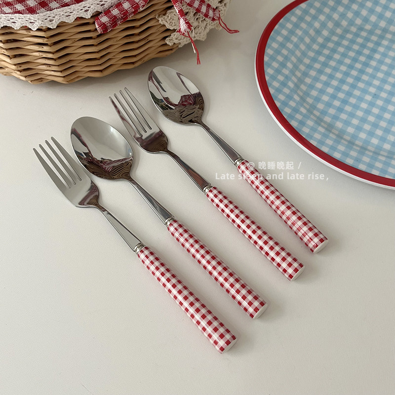 Ins Wind ретро французский красно-белая рама принт керамика обрабатывать стейк нож и вилка посуда десерт ложка Западная вилка ложка
