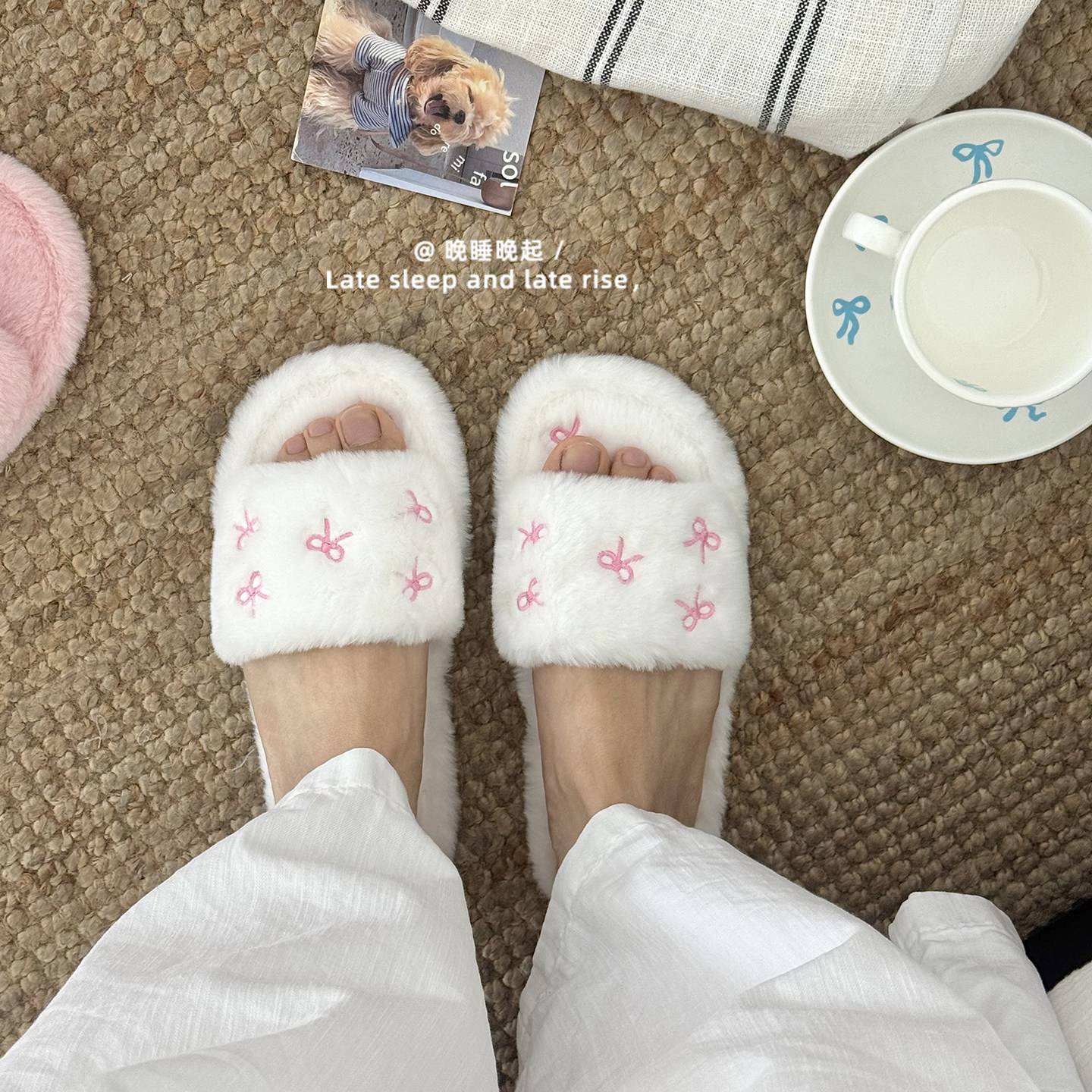 少女心甜美蝴蝶结一字拖女软底静音毛毛鞋居家室内保暖学生棉拖鞋