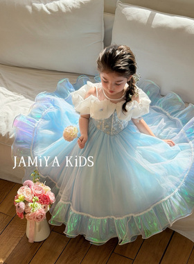 JA家女童蓝色美人鱼公主裙春夏蓬蓬纱裙小女孩礼服长裙洋气