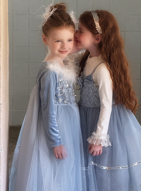 2025秋季新款女童艾莎公主裙水蓝色亮片网纱毛毛领礼服裙演出服
