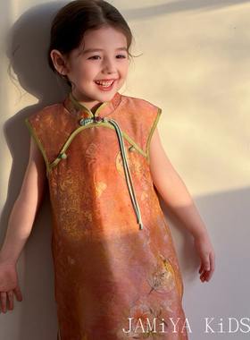JA家女童新款旗袍立领盘扣新中式宋锦提花改良国风连衣裙