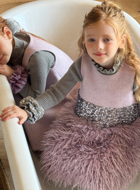 2025新款可爱女童紫色背心裙秋冬毛呢连衣裙洋气公主裙萌趣连衣裙