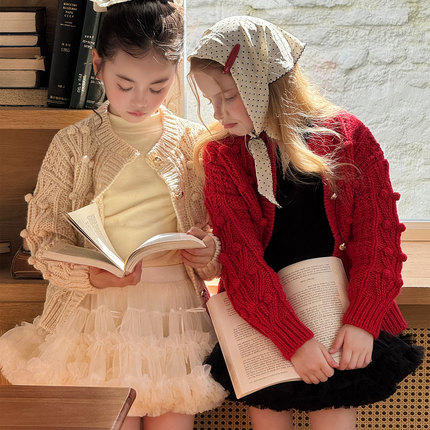 韩系儿童粗线针织开衫复古麻花编织外套可爱宝宝秋冬穿搭百搭毛衣