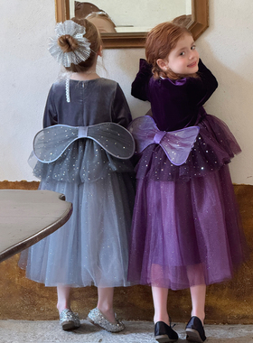 女童秋冬丝绒公主连衣裙中长裙蝴蝶结网纱蓬蓬裙生日礼服
