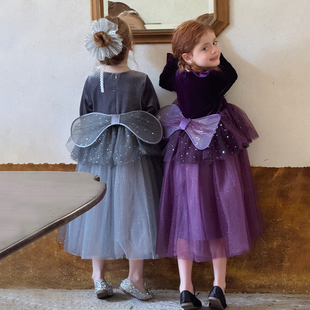 女童丝绒连衣裙秋冬装 儿童公主裙女孩洋气生日网纱礼服裙 2025新款