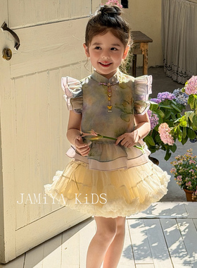 JA家春夏新款女童中国风飞飞袖立领盘扣网纱上衣蛋糕裙超仙