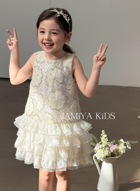 JA家甜美千金风无袖蕾丝连衣裙女童白色蛋糕裙小个子高级感