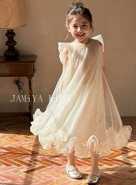 JA家春夏女童白色亮片网纱连衣裙生日宴礼服花童婚礼裙钢琴表演服